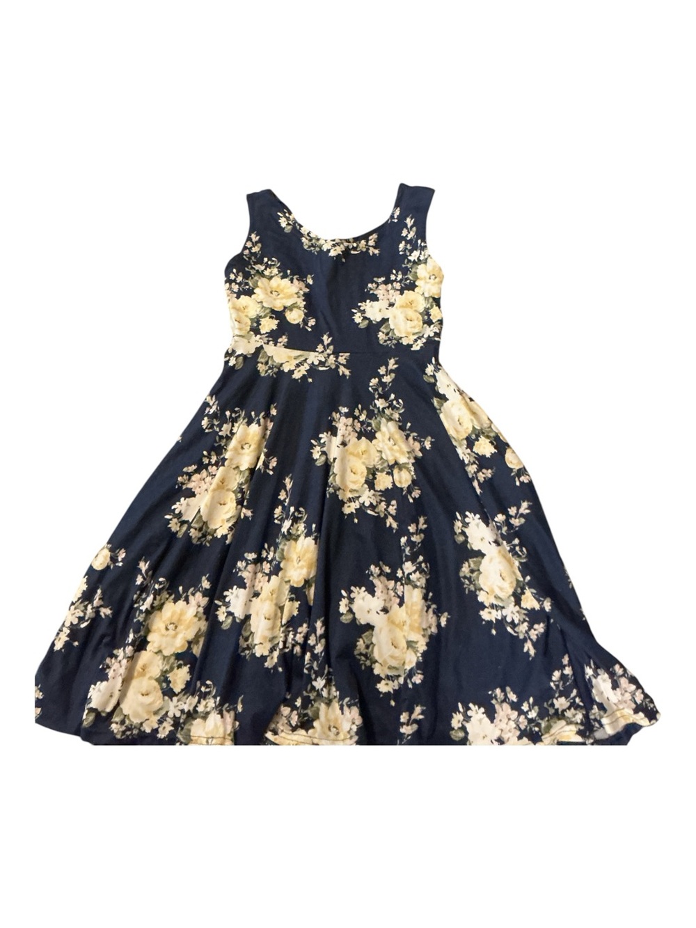 Navy Floral Fit-and-Flare Kids Dress with Yellow Roses